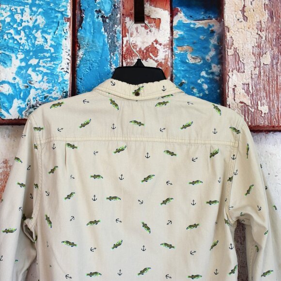 Men's Modern Amusement Shirt Fish Print Long Sleeve Button Up Pocket MEDIUM Beig - Picture 7 of 11